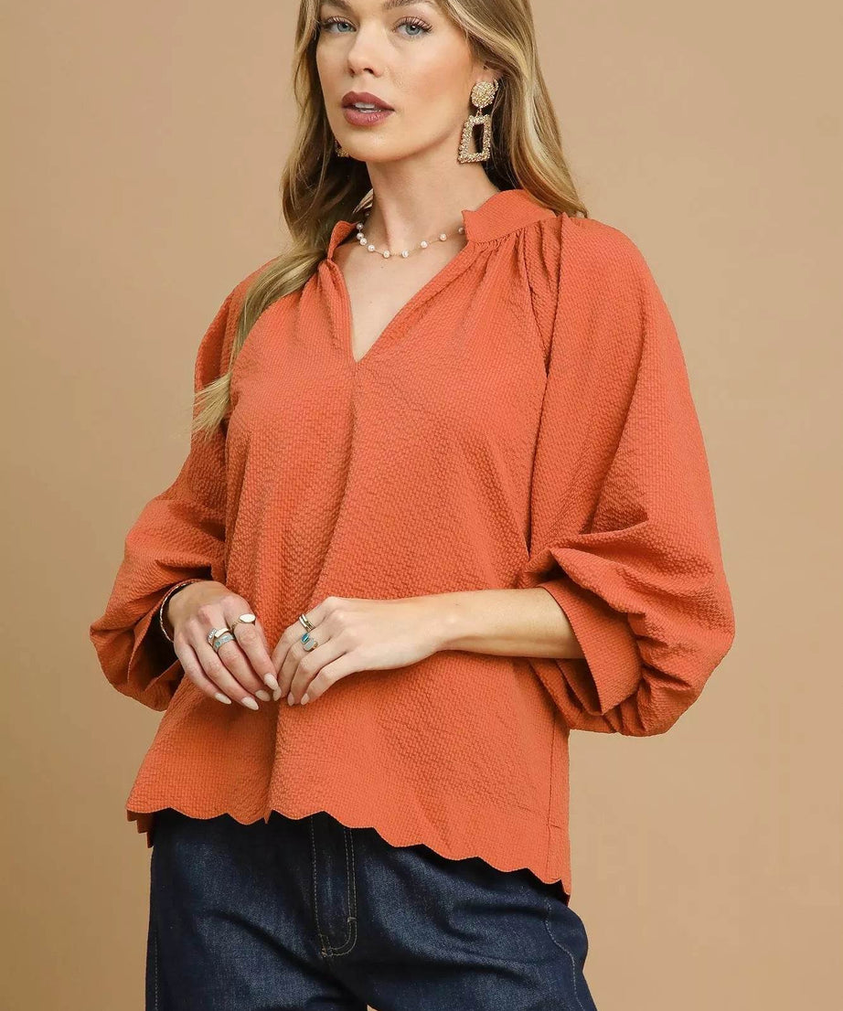 Umgee Textured Notched Balloon Sleeve Blouse with Scalloped Hem - ELY VESSA LLC