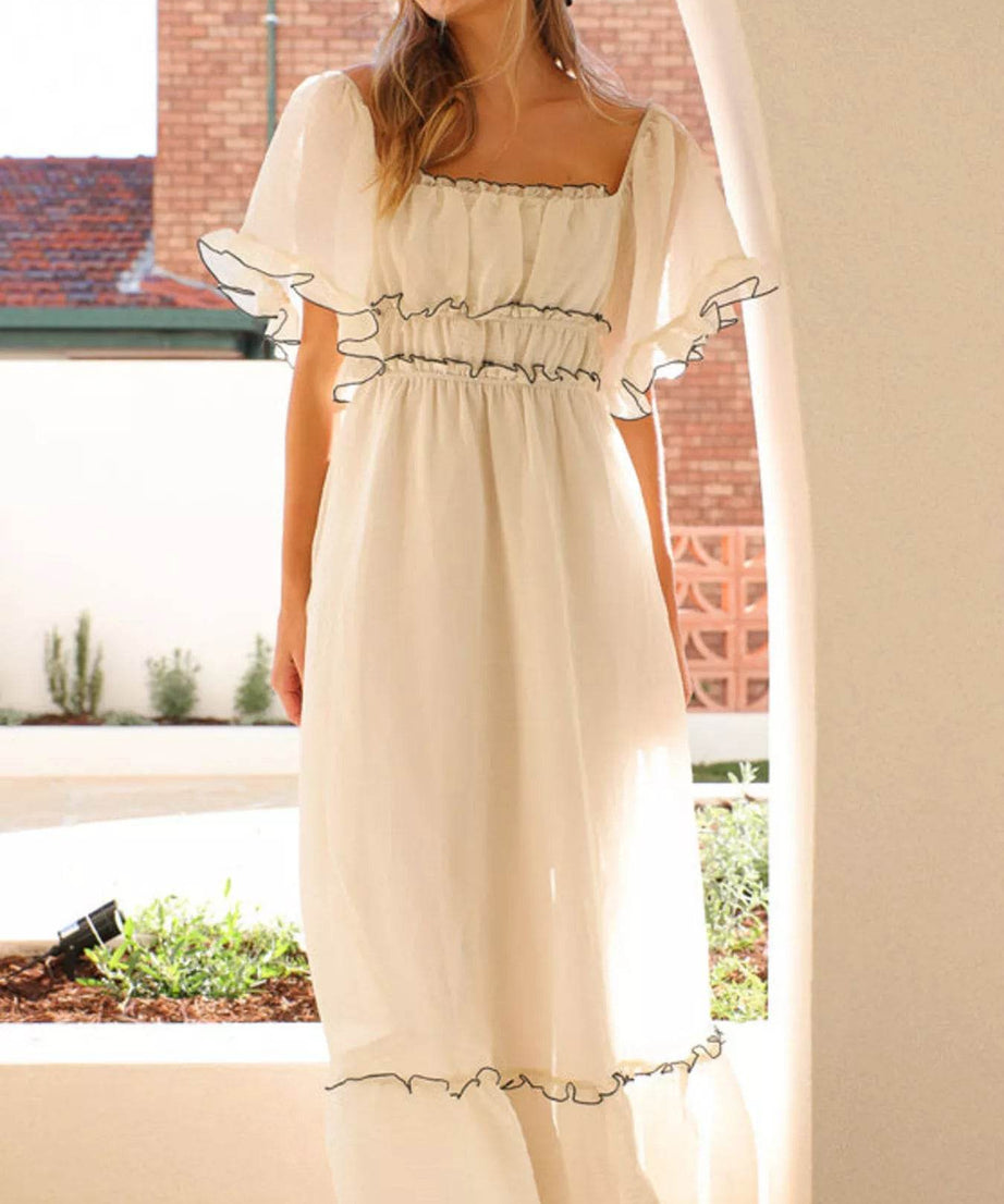 Ruffled Short Sleeve Tiered Maxi Dress - ELY VESSA LLC