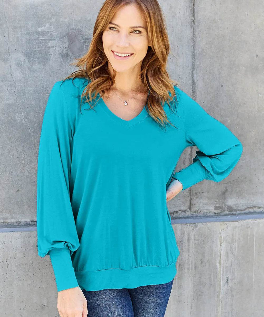 Basic Bae Full Size V-Neck Lantern Sleeve Top - ELY VESSA LLC