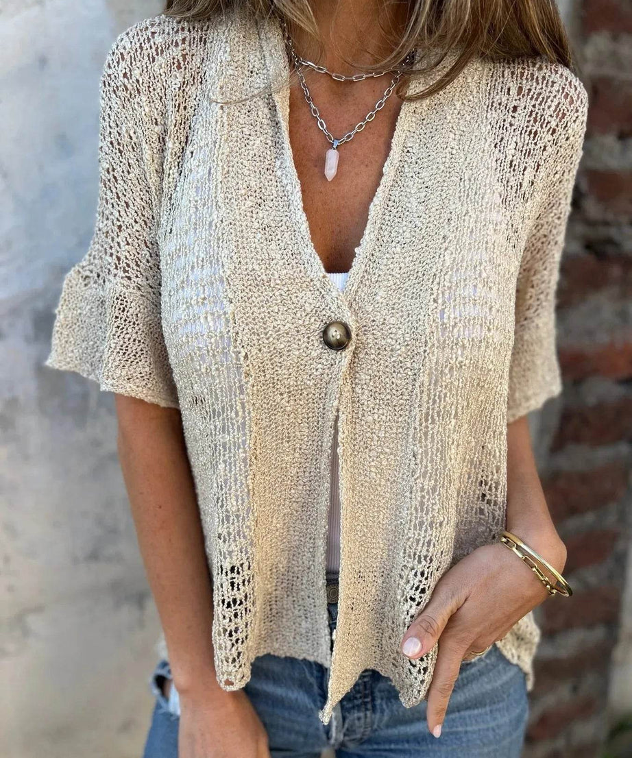 Full Size One Button Openwork Cardigan Plus Size - ELY VESSA LLC