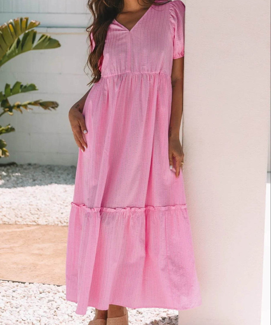 Striped Puff Sleeve V-Neck Maxi Dress - ELY VESSA LLC