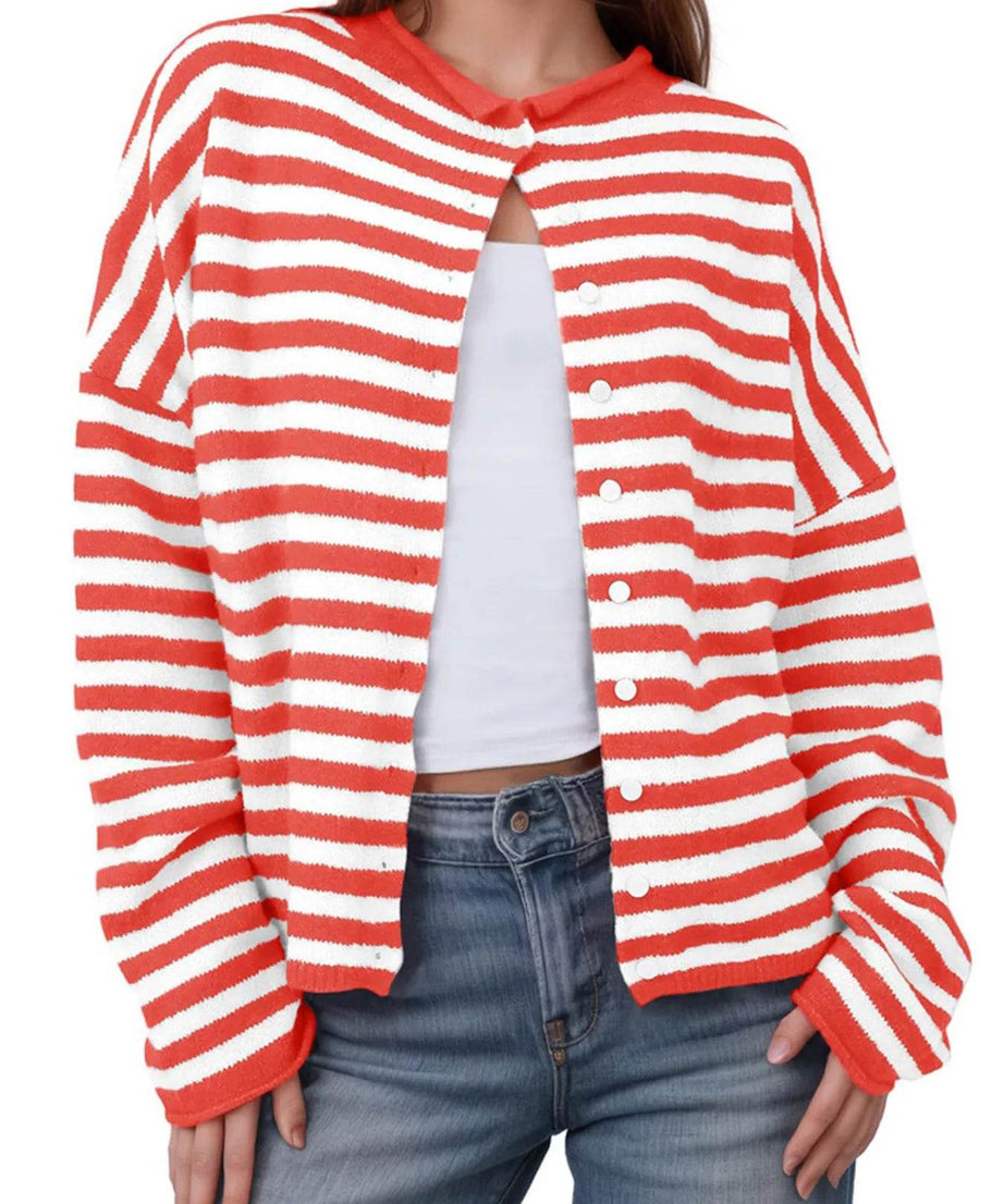 Striped Button-Up Cardigan - ELY VESSA LLC