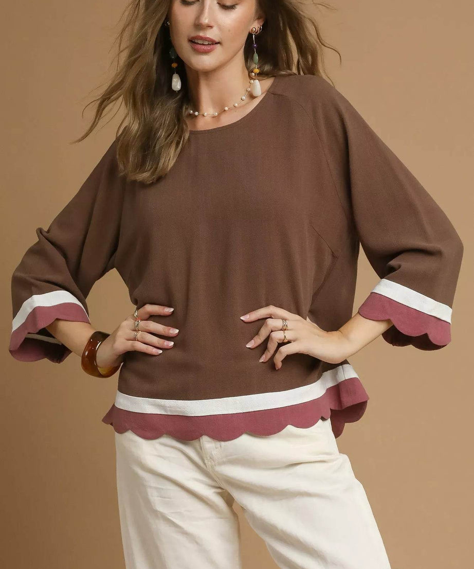 Umgee Scalloped Hem Color Block Top - ELY VESSA LLC