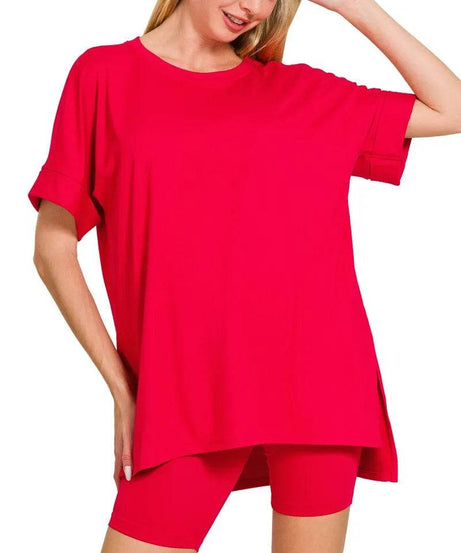 Zenana Full Size Brushed Dty Microfiber Round Neck Top and Biker Shorts Set Plus Size - ELY VESSA LLC