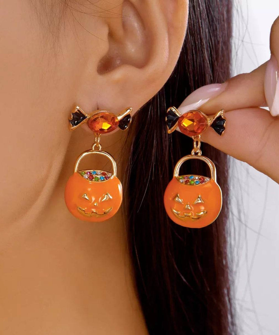 Halloween Rhinestone Pumpkin Dangle Earrings - ELY VESSA LLC