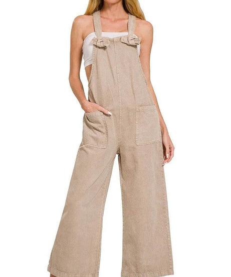 Zenana Washed Knot Strap Pockets Jumpsuit - ELY VESSA LLC