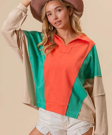 BiBi Colorblock Exposed Seam French Terry Sweatshirt - ELY VESSA LLC