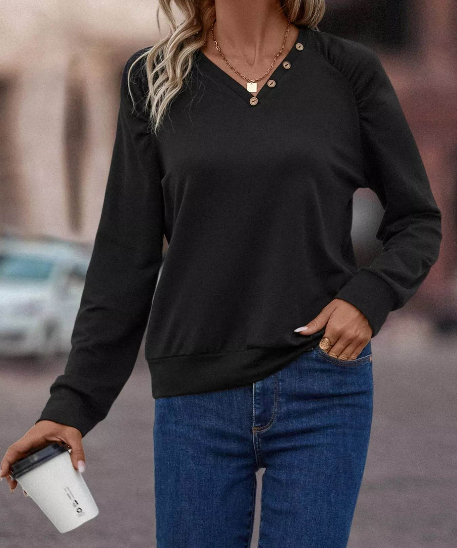 V-Neck Long Sleeve T-Shirt - ELY VESSA LLC