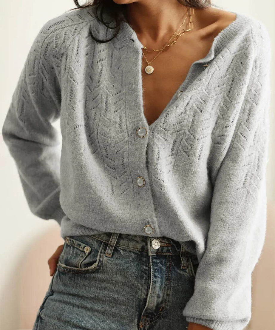 Openwork Button Down Long Sleeve Cardigan - ELY VESSA LLC