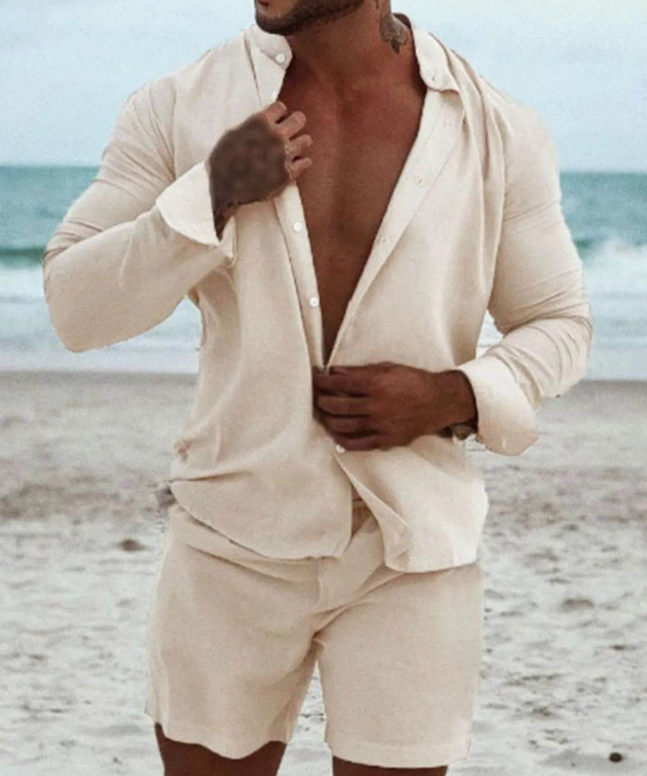 Men's Full Size Button Up Long Sleeve Shirt and Shorts Set Plus Size - ELY VESSA LLC
