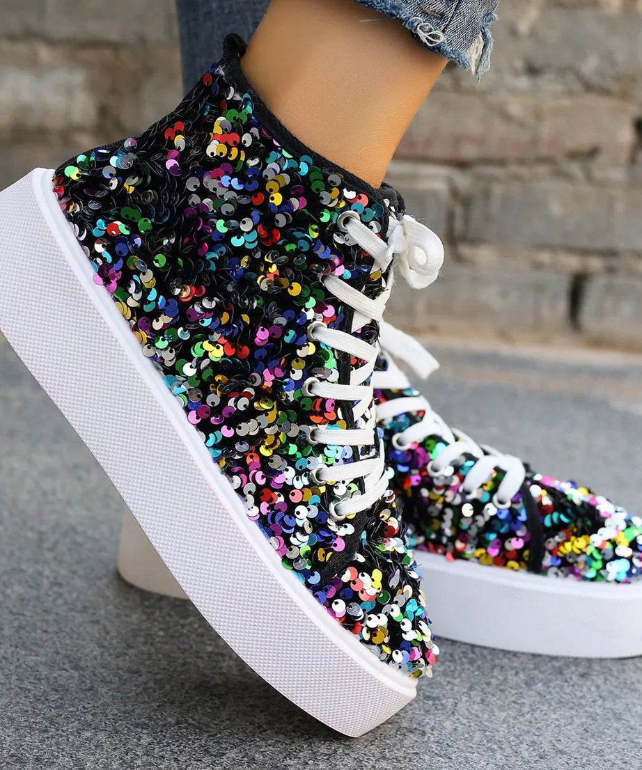 Sequin Round Toe Platform Sneakers - ELY VESSA LLC