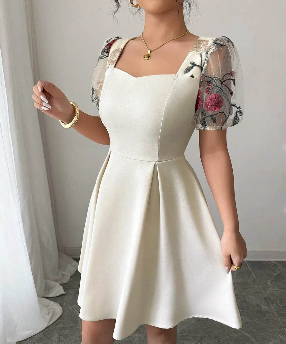 Square Neck Floral Sheer Sleeve Dress - ELY VESSA LLC