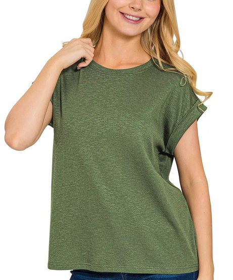 Zenana Cotton Modal Slub Rolled Sleeve T-Shirt - ELY VESSA LLC