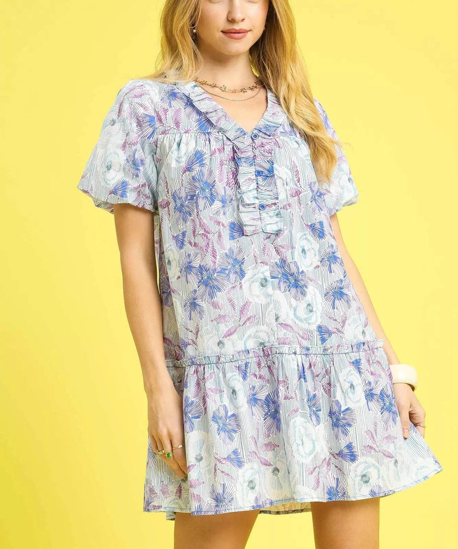 Umgee Floral Ruffled Puff Sleeve Mini Dress - ELY VESSA LLC