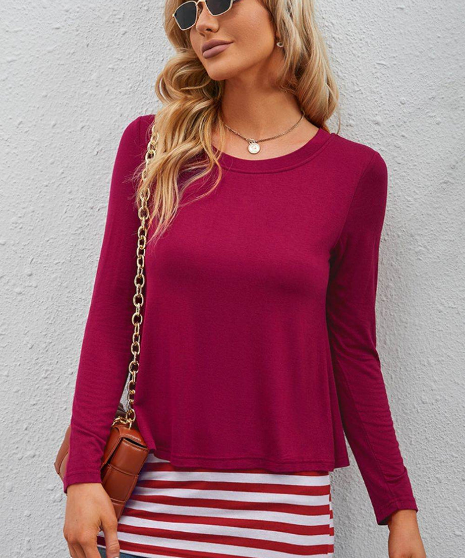Full Size Striped Faux Layered Long Sleeve Top - ELY VESSA LLC