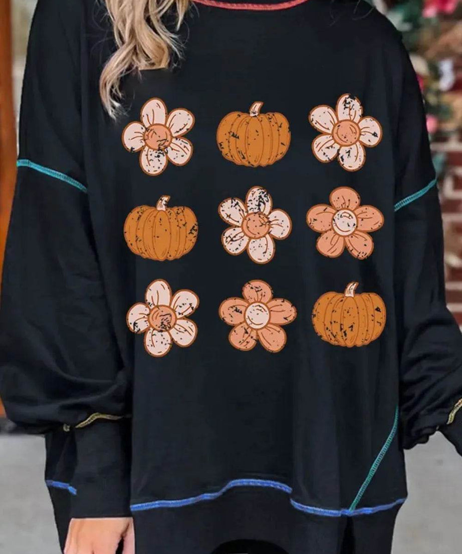 Pumpkin & Flower Graphic Long Sleeve Sweatshirt - ELY VESSA LLC