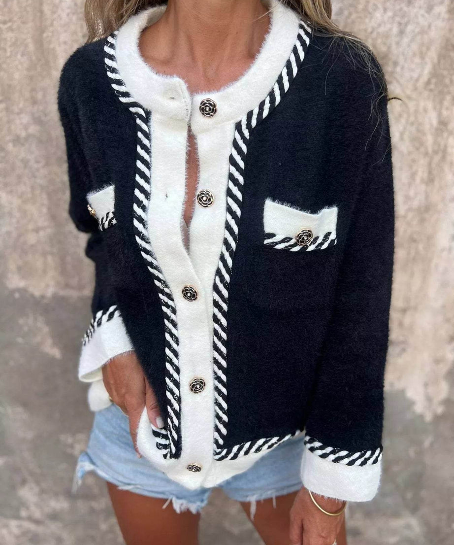 Contrast Trim Button Up Cardigan - ELY VESSA LLC