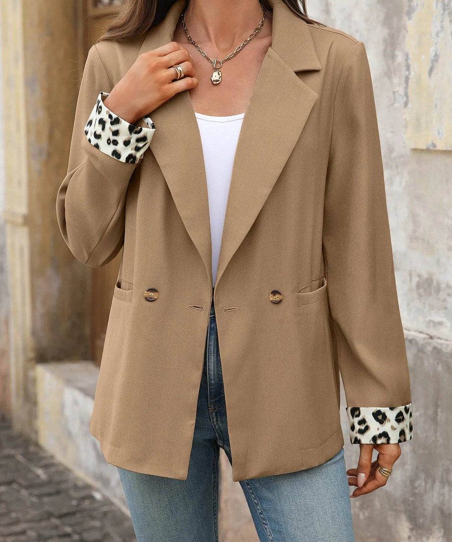 Lapel Collar Leopard Cuff Long Sleeve Blazer - ELY VESSA LLC
