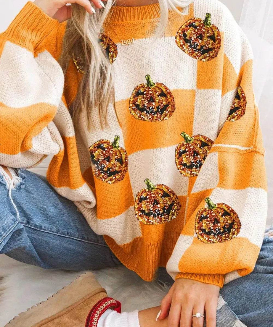 Pumpkin Checkered Round Neck Long Sleeve Sweater - ELY VESSA LLC