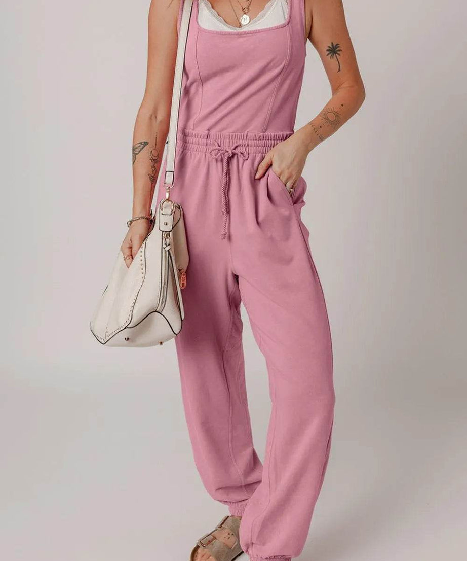 Elastic Waist Sleeveless Square Neck Jumpsuit - ELY VESSA LLC