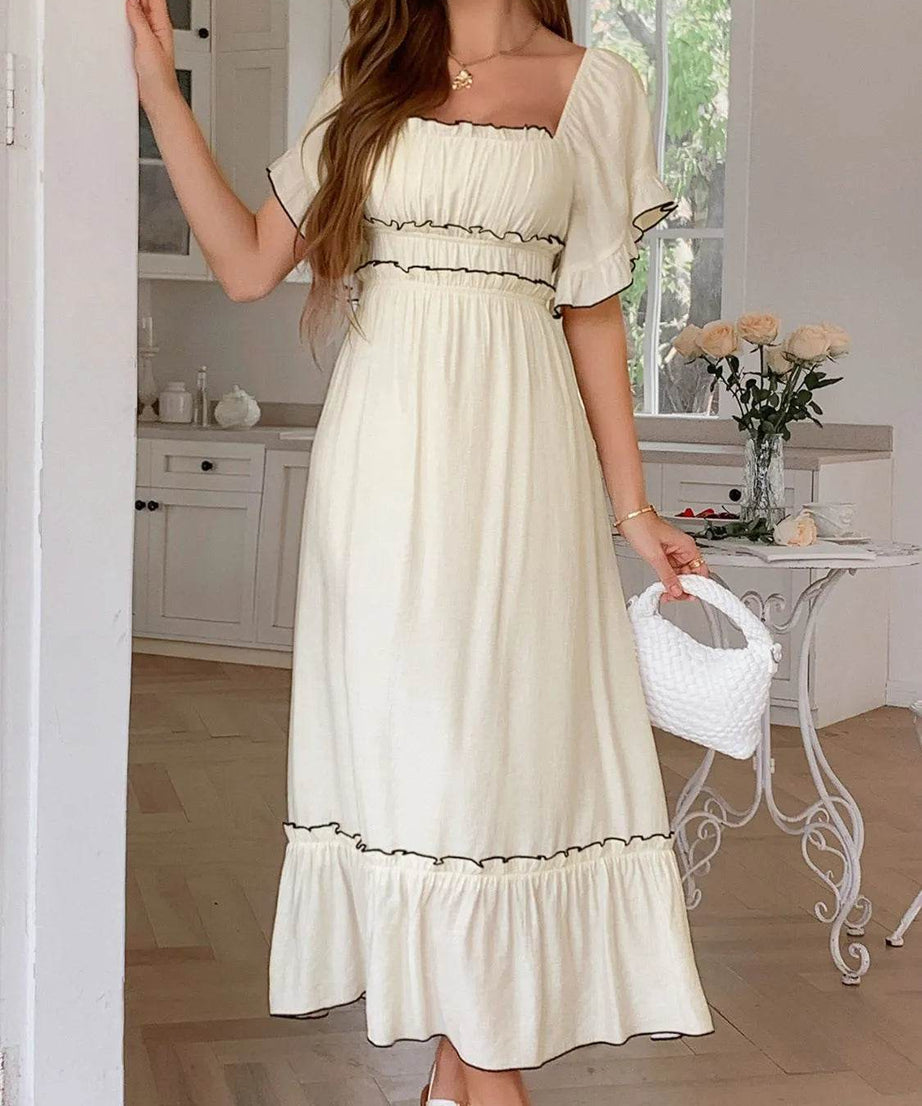 Square Neck Puff Sleeve Ruffle Trim Maxi Dress - ELY VESSA LLC