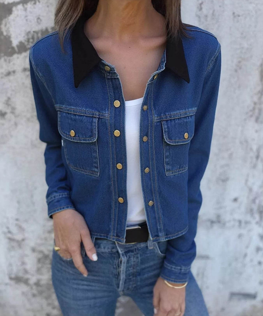 Snap Down Denim Jacket with Chest Pockets - ELY VESSA LLC
