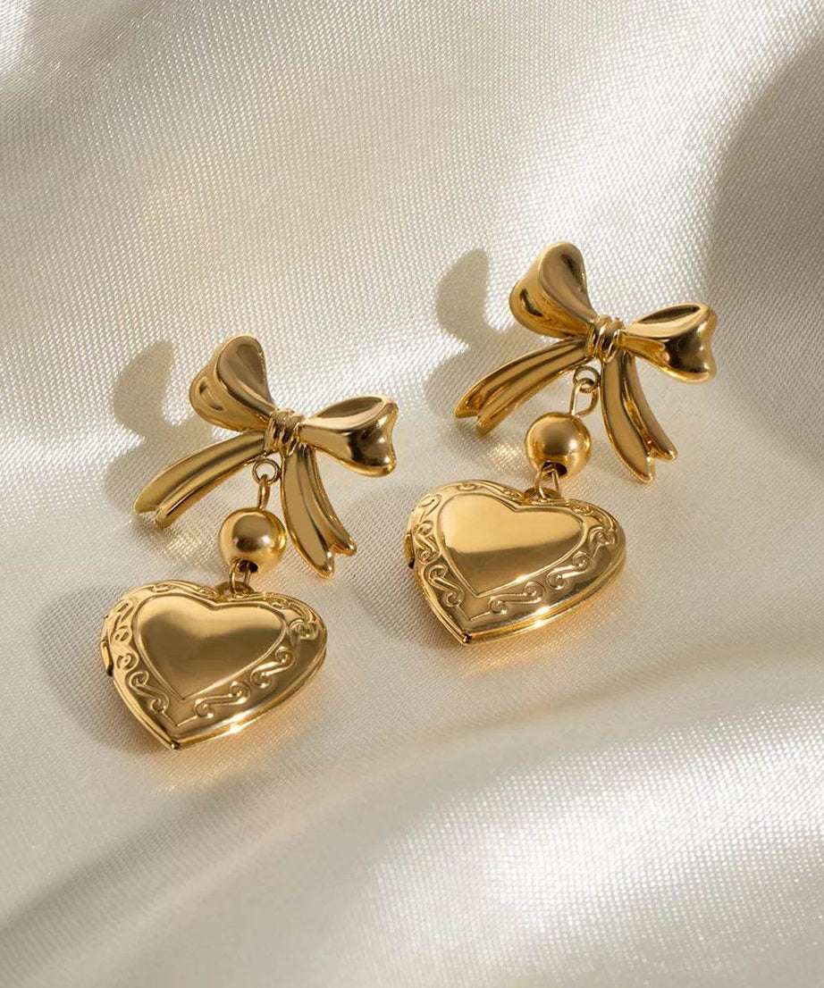 18K Gold-Plated Bow Heart Drop Earrings - ELY VESSA LLC
