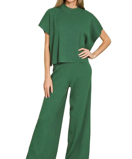 Zenana Viscose Sweater Short Sleeve Top and Pants Set - ELY VESSA LLC