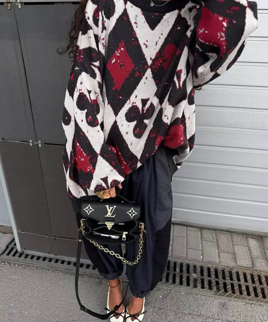 Contrast Diamond Round Neck Long Sleeve Sweater - ELY VESSA LLC
