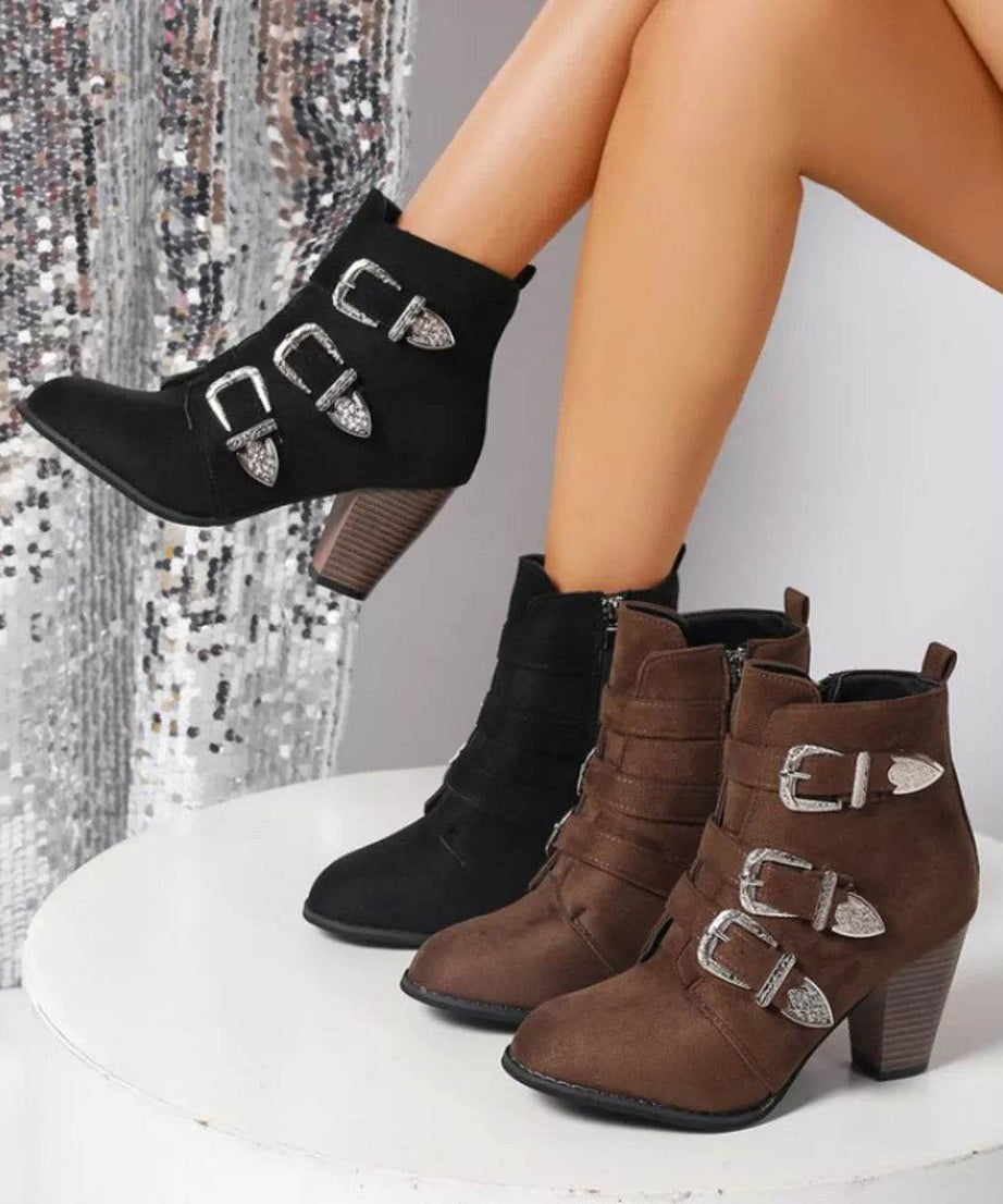 Point Toe Block Heels Boots - ELY VESSA LLC