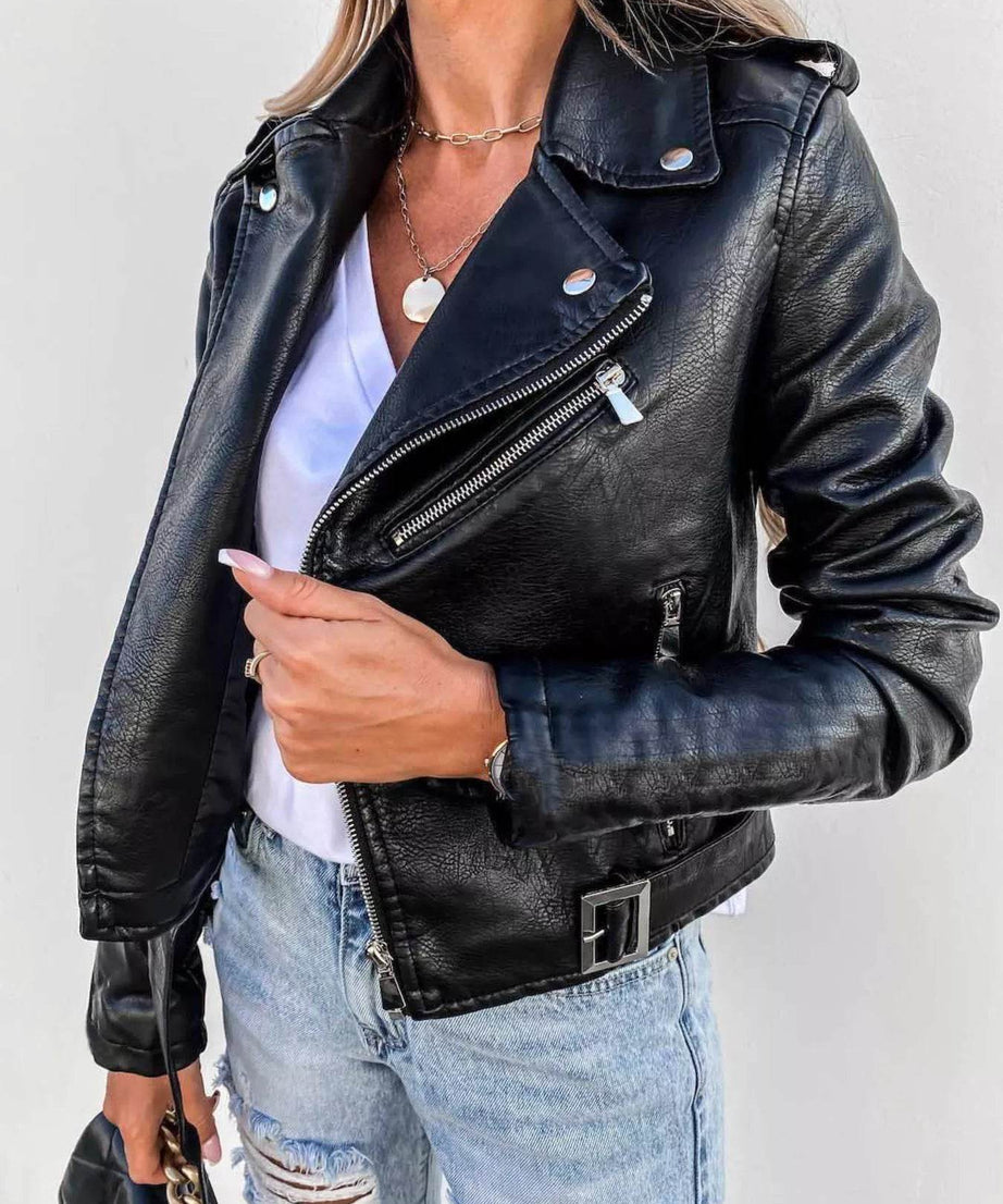 Full Size Zip Up Leather Motorcycle Biker Jacket Plus Size - ELY VESSA LLC