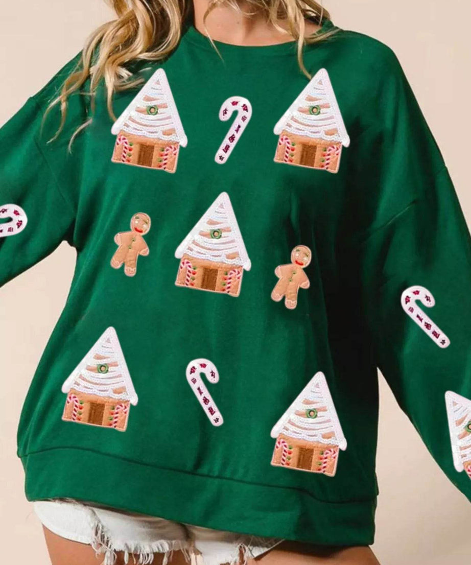 Christmas Gingerbread House Sequin Sweatshirt - ELY VESSA LLC