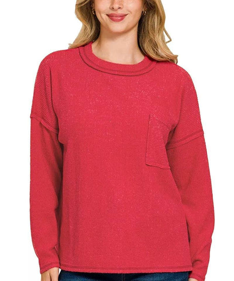 Zenana Ribbed Brushed Melange Hacci Sweater with Chest Pocket - ELY VESSA LLC