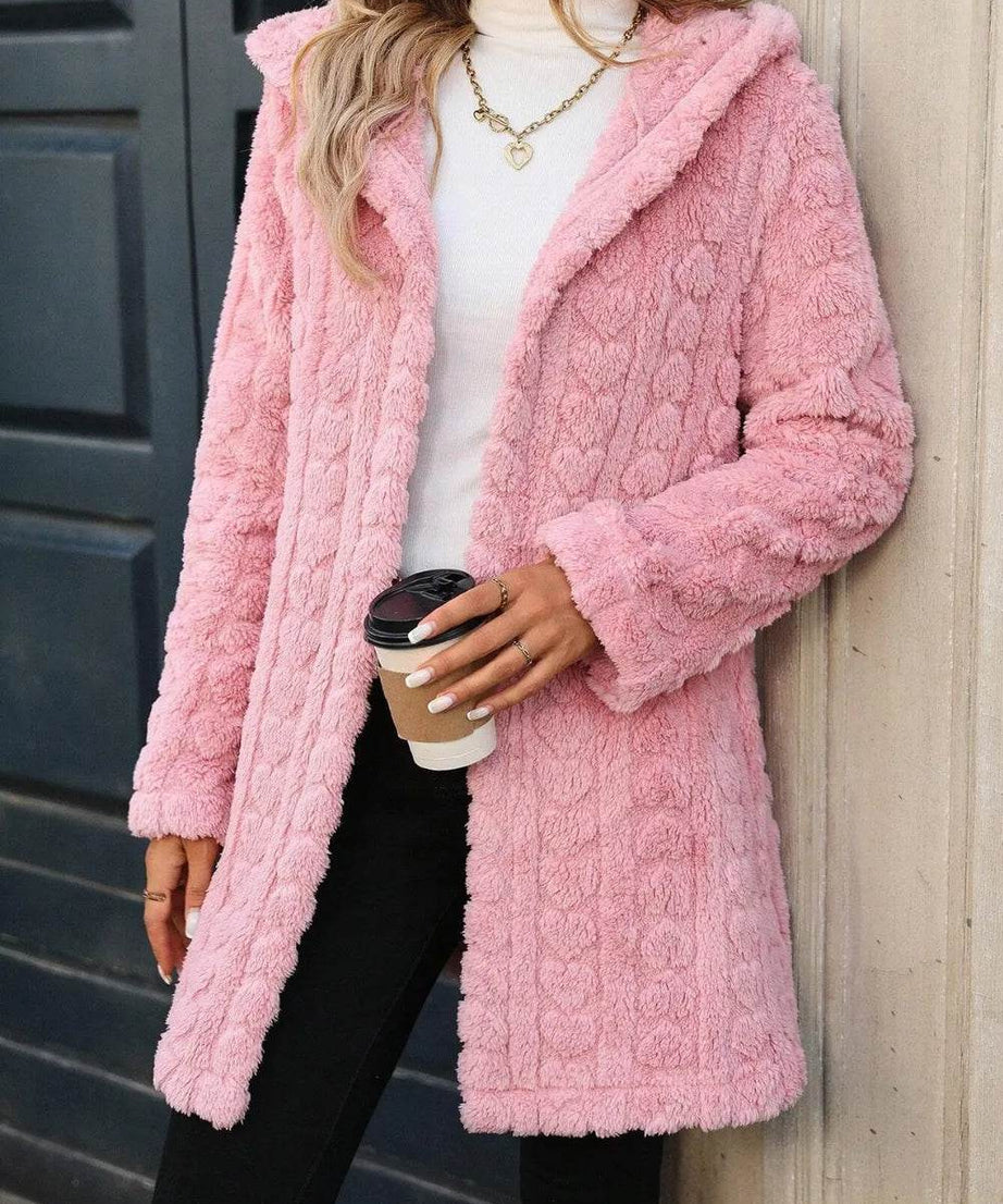 Heart Open Front Hooded Fuzzy Coat - ELY VESSA LLC
