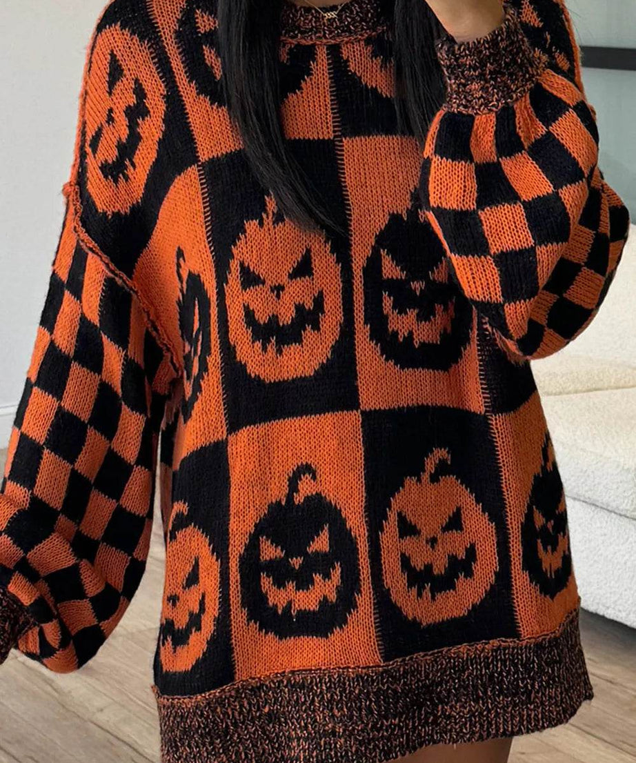 Exposed Seam Pumpkin Round Neck Long Sleeve Sweater - ELY VESSA LLC