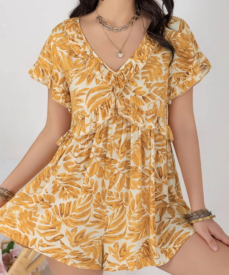 Printed V-Neck Short Sleeve Romper - ELY VESSA LLC