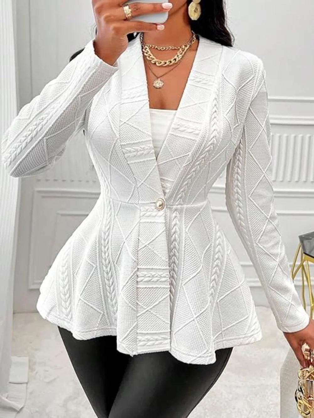 One Button Textured Peplum Cardigan - ELY VESSA LLC