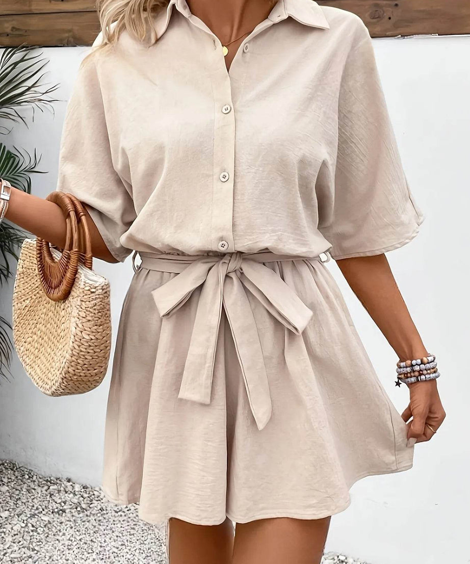 Button Front Tie Waist Romper - ELY VESSA LLC