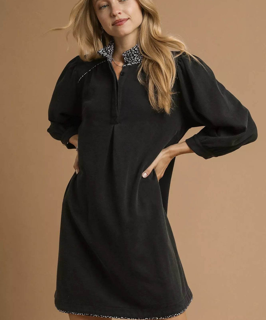 Umgee French Terry Balloon Sleeve Shift Dress with Leopard Print Detail - ELY VESSA LLC