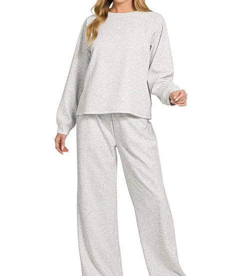 Zenana Scuba Crewneck Sweatshirt and Pants Set - ELY VESSA LLC