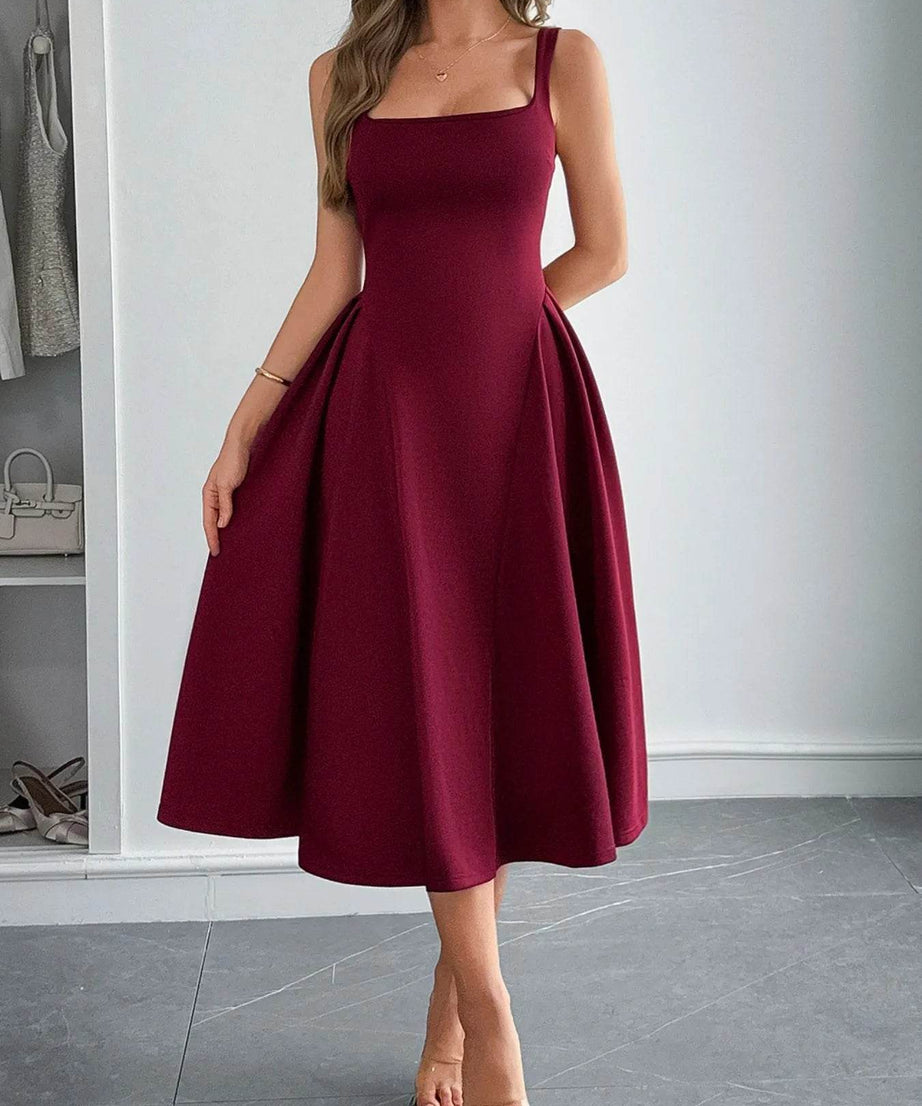 Square Neck Wide Strap Midi Dress - ELY VESSA LLC