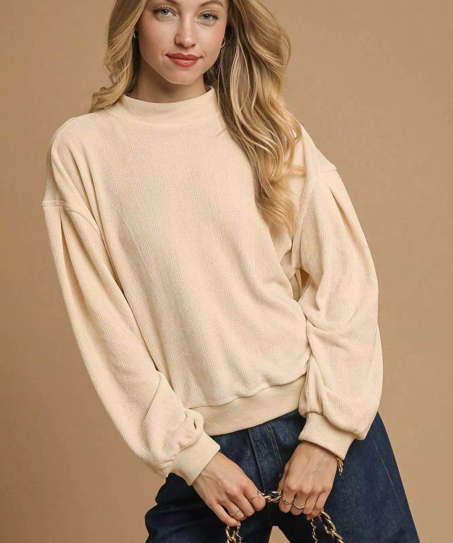 Umgee Velour Crewneck Balloon Sleeve Sweatshirt - ELY VESSA LLC