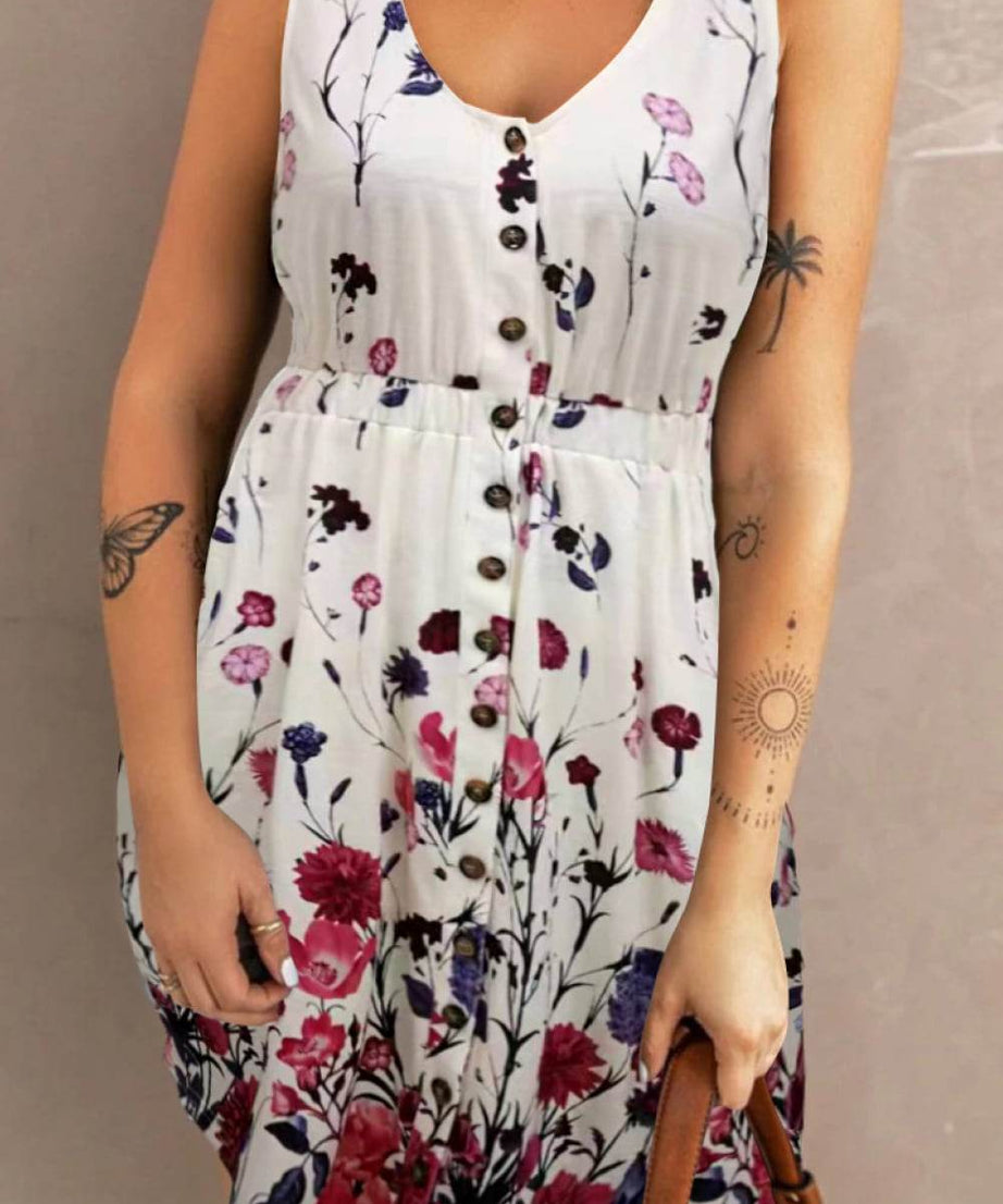 Double Take Scoop Neck Buttoned Sleeveless Magic Dress with Pockets - ELY VESSA LLC