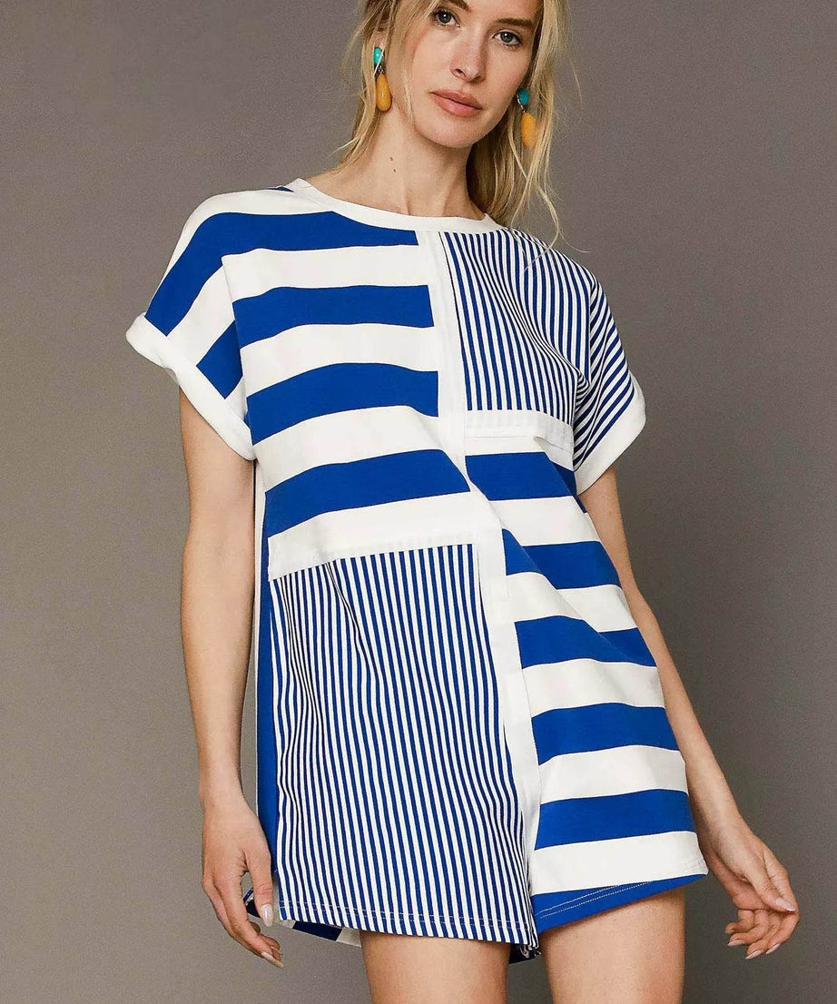 Umgee Mixed Striped Short Sleeve Romper - ELY VESSA LLC