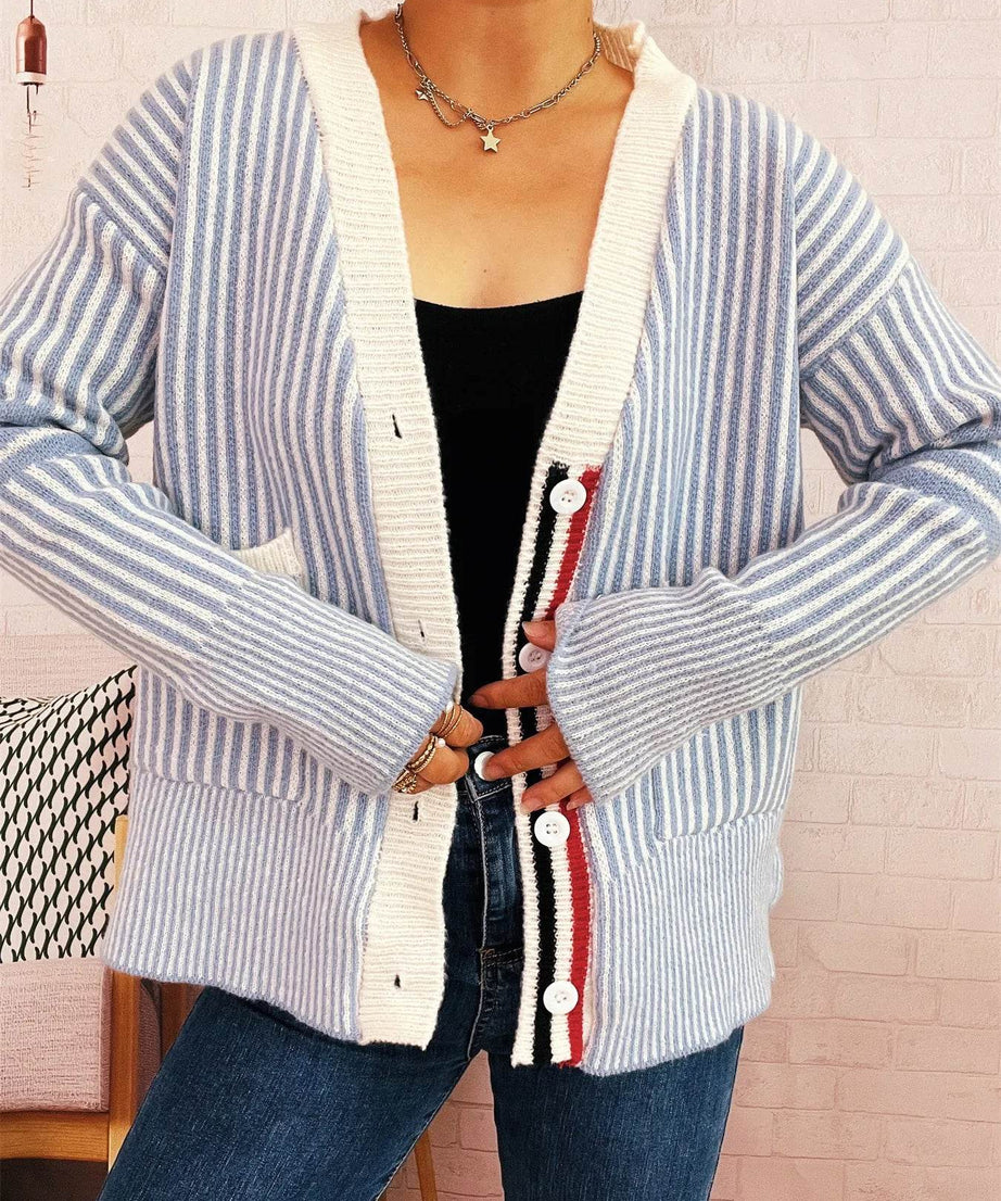 Striped Button-Front Cardigan with Contrast Trim - ELY VESSA LLC