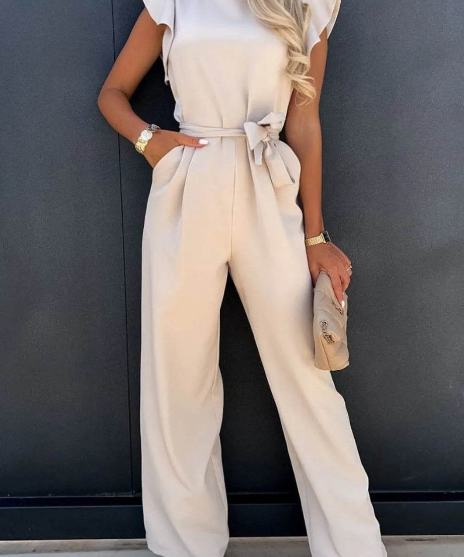Round Neck Cap Sleeve Jumpsuit - ELY VESSA LLC