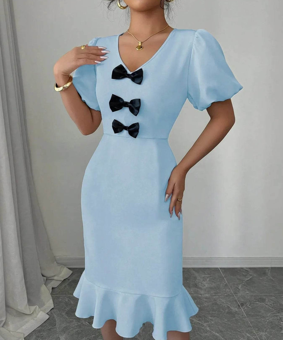 Bow Detail Puff Sleeve Midi Dress - ELY VESSA LLC