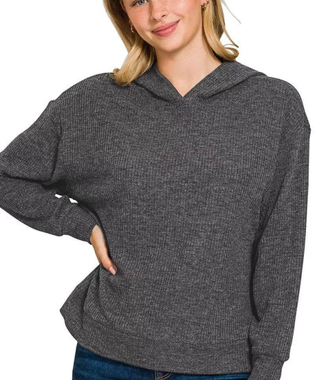Zenana Ribbed Long Sleeve Hoodie - ELY VESSA LLC
