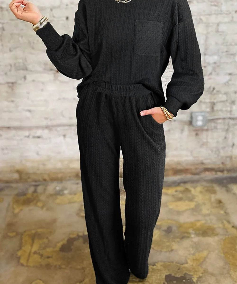 Round Neck Top and Pants Set - ELY VESSA LLC