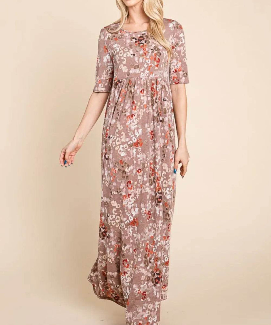 BOMBOM Printed Shirred Maxi Dress - ELY VESSA LLC